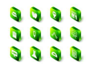 Apple, Alfabe, Ofis klasörleri, Chalkboard, Hesap Makinesi, Molekül, Protraktör ve Test tüpü ve matara. Vektör