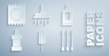 Hijyenik tampon, temizlik malzemesi için şişe pamuklu kulak, duş başlığı ve prezervatif paketleri için güvenli seks ikonu. Vektör