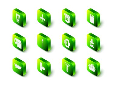 Duş başlığı, Epilatör, kağıt havlu rulosu, ağız gargarası şişesi, sabun köpüklü leğen, hijyenik peçete, tıraş bıçağı ve klozet ikonu. Vektör