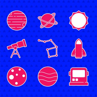 Büyük Ayı takımyıldızı, Gezegen, Astronot miğferi, Roket gemisi, Mars, Teleskop, Güneş ve ikon 'u ayarlayın. Vektör