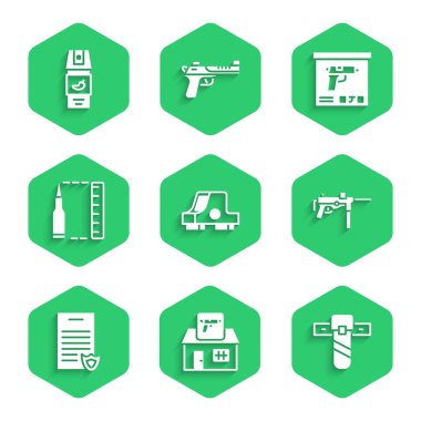 Collimator görüşü, av silahı, bıçak kılıfı, makineli tüfek M3, ateşli silah ruhsatı, kurşun, askeri mühimmat kutusu ve biber gazı ikonu. Vektör