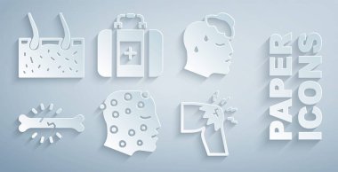 Sedef ya da egzama kızarıklığı, yüksek vücut ısısı, kemik ağrısı, eklem ağrısı, diz, ilk yardım çantası ve cilt ikonu. Vektör