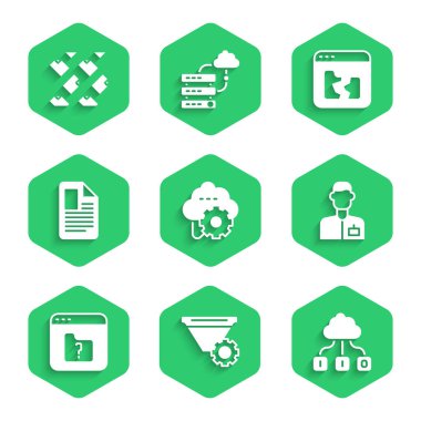 Bulut teknoloji veri transferini, filtre ayarını, Analist mühendisi, Dosya kayıplarını, belgeyi, Kırık dosya ve Veri akışı simgesini ayarla. Vektör