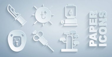 Şırınga, kamp feneri, vahşi aslan, Afrika ağacı, güneş ve avcı bıçak ikonu. Vektör