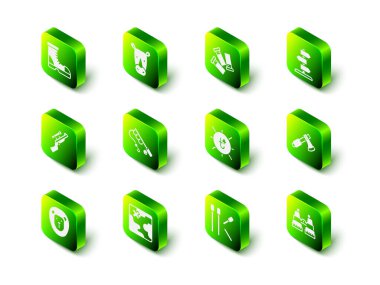 Gergedan, kartuş, trafik işareti, tahta balta, dürbün, güneş, kibrit ve Afrika safari haritası ikonu. Vektör