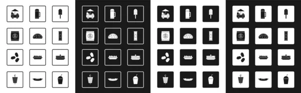 Set Ice cream, Taco with tortilla, Hard bread chucks crackers, Fast street food cart, Chocolate bar, Thermos container, Stack of pancakes and Chicken nuggets icon. Vector — Stock Vector