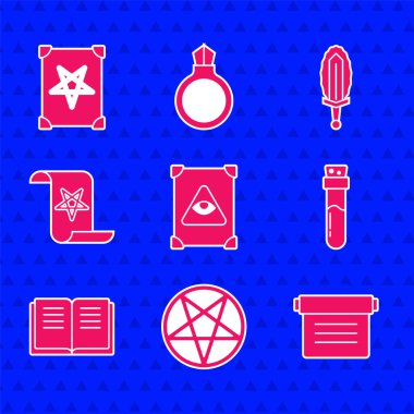 Kadim büyü kitabı, pentagram, iksirli şişe, sihirli kılıç ateşi ve ikon. Vektör