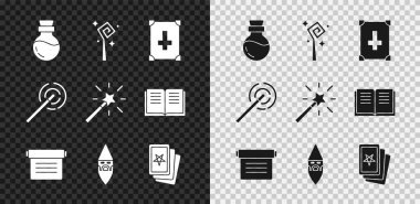 İksirli şişe, sihirli değnek, Eskiler 'in sihirli kitabı, büyücü büyücüsü, üç tarot kartı, değnek ve ikon. Vektör