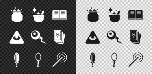 Set Witch cauldron, Ancient magic book, Magic sword in fire, hand mirror, wand, Masons and Eye icon. Vector — Stock Vector