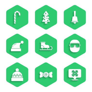 Artistik patenler, Şeker, Kar Tanesi konuşma balonu, kayak gözlükleri, kış şapkası, Noel Baba, Mutlu zil ve şeker kamışı ikonu. Vektör