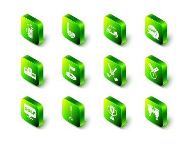 Golf sopası, top, araba, etiket, madalya, golf, dürbün, çapraz, ödül kupası ve ikon. Vektör