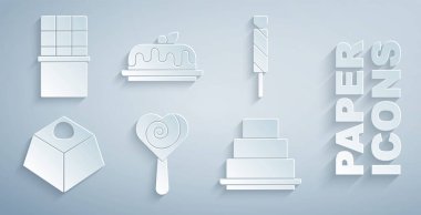 Set Lolipop, Candy, Brownie çikolatalı kek, Pasta ve Çikolatalı Kek ikonu. Vektör