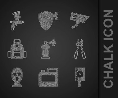 Boya spreyi, boya, guaj, kavanoz, boya, sprey başlık, cıvata kesici, kar maskesi, okul çantası, güvenlik kamerası ve silah ikonu. Vektör