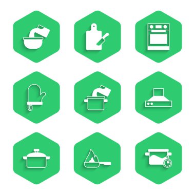 Yemek tenceresi, kızartma tavası, mutfak vantilatörü, fırın eldiveni ve tencere ikonu hazırla. Vektör