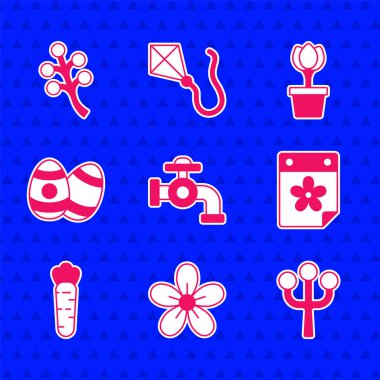 Çeşme suyu, çiçek ağacı dalı, çiçekli takvim, havuç, paskalya yumurtası, saksı ve ikon içinde lale. Vektör