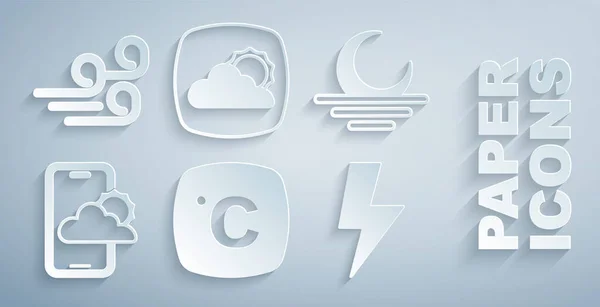 Stel Celsius, Zonsondergang, Weersverwachting, bliksemschicht en Winderig weerpictogram in. Vector — Stockvector