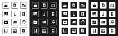 Fotoğraf makinesi, Film kupası, Medya projektörü, Kolsuz tişört, Online oyun videosu, MP4 dosya belgesi, Film makarası ve simge. Vektör