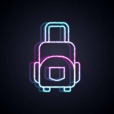 Parlayan neon hattı seyahat simgesi bavulu siyah arkaplanda izole edildi. Seyahat bagaj tabelası. Seyahat bagaj ikonu. Vektör.