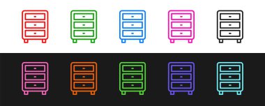 Siyah ve beyaz arkaplandaki satır arşivi çekmece simgesini ayarla. İçinde belgeler olan çekmece. Dosya dolabı çekmecesi. Ofis mobilyası. Vektör.