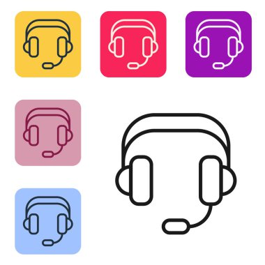 Siyah çizgi kulaklık simgesi beyaz arkaplanda izole edildi. Kulaklıklar. Müzik, hizmet, iletişim ve operatör konsepti. Renkli kare düğmelerle simgeleri ayarla. Vektör.