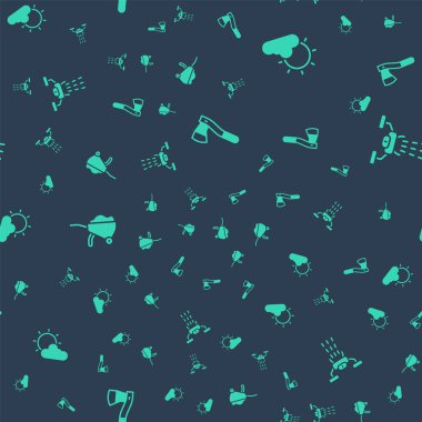 Tahta baltayı, güneş ve bulutlu havayı kirlenmiş el arabasını ve pürüzsüz desenli akıllı çiftlik dronunu ayarla. Vektör.