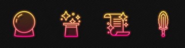 Eskiler 'in sihirli kitabı, sihirli top, şapka ve kılıç ateşe verildi. Parlayan neon ikonu. Vektör.