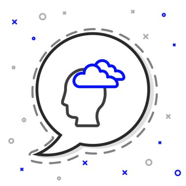 Çizgi Adam 'ın başı ağrıyor, beyaz arka planda migren ikonu var. Renkli taslak konsepti. Vektör