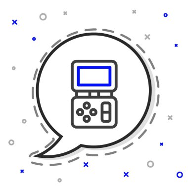 Çizgi Portable tetris elektronik oyun simgesi beyaz arkaplanda izole edildi. Klasik bir cep tuğlası oyunu. Etkileşimli oyun aygıtı. Renkli taslak konsepti. Vektör