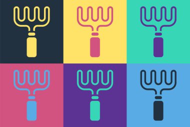 Pop Art Garden tırmık simgesi renk arkaplanında izole edildi. Bahçecilik, tarım, çiftçilik aleti. Toprak işçisi. Temizlik ekipmanları. Vektör