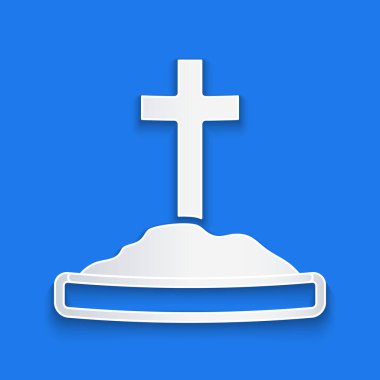 Kağıt kesiği Grave mavi arka planda çapraz simge izole. Kağıt sanatı tarzı. Vektör