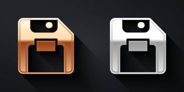 Bilgisayar veri depolama simgesi için altın ve gümüş disket siyah arkaplanda izole edildi. Disket işareti. Uzun gölge tarzı. Vektör