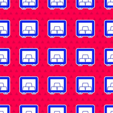 Altın renkli mavi kasa, kırmızı arka planda izole edilmiş. Bankada değerli metaller var. Metalik hazine. Güvenilir veri koruması. Vektör