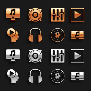 Kulaklığı ayarla, kare çal, notalı dizüstü bilgisayar, düğme seviyesindeki teknoloji ayarları, insanlar çalma düğmesi, ses karıştırıcı kontrol, bilgisayar ve Stereo hoparlör simgesi. Vektör