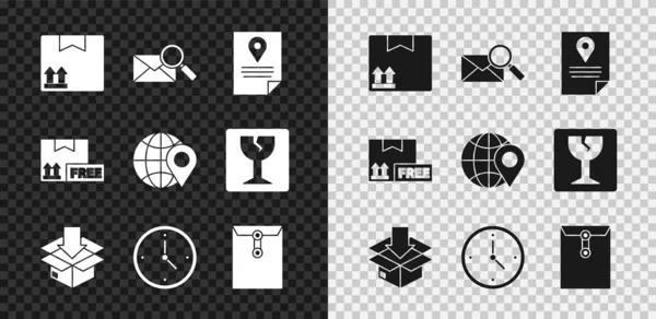 Set Cardboard box with traffic symbol, Envelope magnifying glass, Document tracking marker system, Fast time delivery, free and Location on the globe icon. Vector — Stock Vector