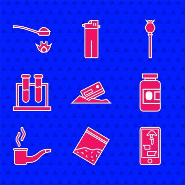 Kokain ve kredi kartı, plastik uyuşturucu poşeti, telefondan uyuşturucu satın alma, ilaç şişesi hapları, tüttürme tüpü tüpü, afyon haşhaşı ve eroin kaşığı ikonu. Vektör