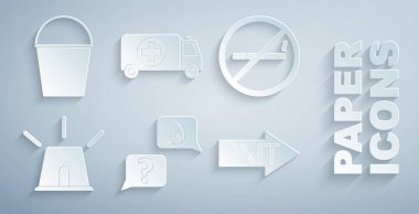 911 'i arayın. Sigara içilmez, yangın alarmı, yangın çıkışı, ambulans, araba ve kova ikonu. Vektör