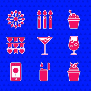 Martini bardağı, Çakmak, Kek, Kokteyl ve Alkol içeceği, Doğum günü mesajlı mobil, Karnaval çelenk bayrakları ve Havai fişek ikonu. Vektör