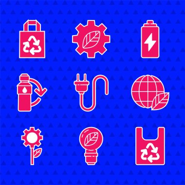 Elektrik prizi, yapraklı ampul, plastik torba geri dönüşümü, toprak küresi ve yaprak bitkisini vites makinesine, geri dönüşüm plastik şişesine, akü ve kağıt ikonuna ayarla. Vektör
