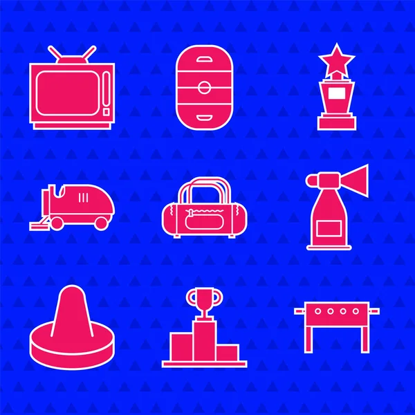Set Sport bag, Hockey over sports winner podium, table, Air horn, Mallet for playing air hockey, Ice resurfacer, Award cup and Retro tv icon. Vector
