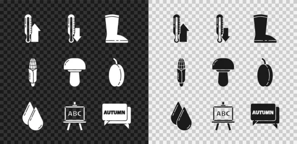 Set Meteorologie Thermometer, Wasserdichter Gummistiefel, Tropfen, Kreide, Sprechblase mit Text Herbst, Mais und Pilz Symbol. Vektor — Stockvektor