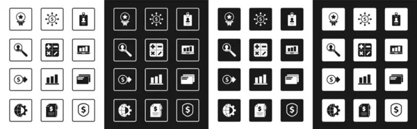Set Identifikationsabzeichen, Taschenrechner, Lupe für Suchende, Medaille mit Stern, Laptop Diagramm, Dollar, Aktie, Netzwerk, Kreditkarte und Münzgeld Dollar-Symbol. Vektor — Stockvektor