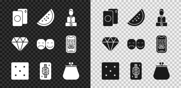 Set Deck of playing cards, Casino slot machine with watermelon, dealer, Game dice, King diamonds, Wallet, Diamond and Poker player icon. Vector — Stock Vector