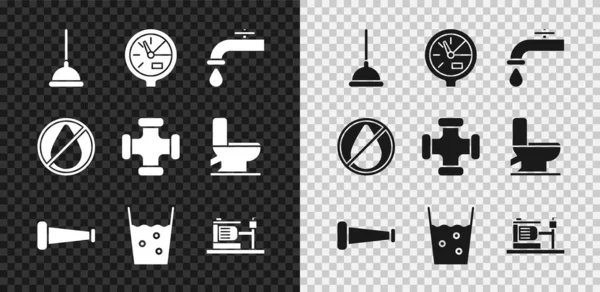 Set piston en caoutchouc, compteur d'eau, robinet, tuyau métallique de l'industrie, verre avec de l'eau, pompe électrique, goutte interdite et icône. Vecteur — Image vectorielle