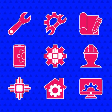 İşlemci, donanımlı ev, bilgisayar monitörü ve işçi kaskı, mikrodevreler işlemci, akıllı telefon ayarı, Graphing kağıt kalem ve İngiliz anahtarı simgesi. Vektör