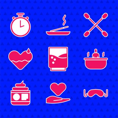 Elinde su, elinde kalp, göz uyku maskesi, küvet, krem ya da losyon kozmetik tüpü, iyileştirme kulaklar için pamuklu çubuk ve Kronometre ikonu. Vektör