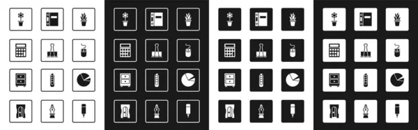 Set Pflanze im Topf, Binderclip, Taschenrechner, Blume, Computermaus, Büroordner, Kuchendiagramm-Infografik und Schublade mit Dokumenten-Symbol. Vektor — Stockvektor