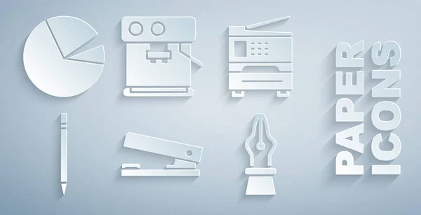 Ofis zımbası, yazıcı, silgiyle kalem ucu, dolmakalem ucu, kahve makinesi ve pasta grafiği ikonu. Vektör — Stok Vektör