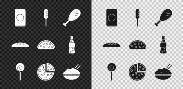 Set Soda can with straw, Fried sausage, Chicken leg, Lollipop, Pizza, Rice in bowl chopstick, Bread loaf and Taco tortilla icon. Vector — Stock Vector