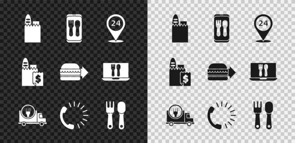 Set Shopping bag and food, Online ordering delivery, Round the clock, Fast by car, Food, Fork spoon, and burger icon. Vector — Stock Vector