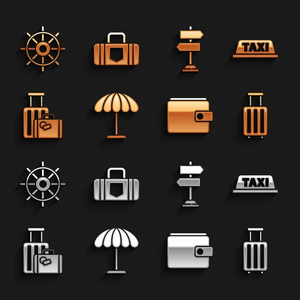 Zon beschermende paraplu voor strand, Taxi autodak, Koffertje, Portemonnee, Verkeersbord, Scheepsstuurwiel en icoon. Vector — Stockvector
